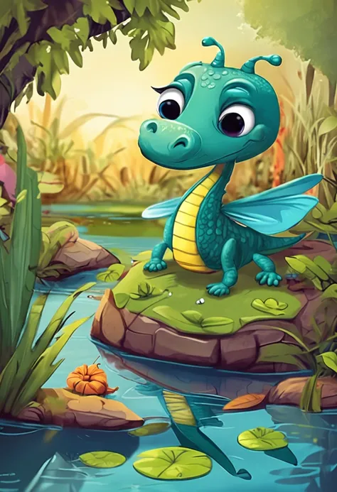 Create a childrens illustration of the happy dragonfly talking to the crocodile friend near the pond