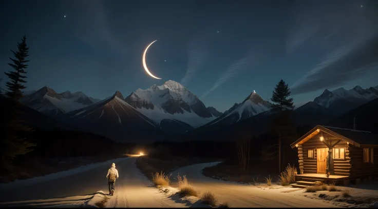 a serene nighttime setting in the countryside, where a lone figure is walking along a dirt road. The individual, with a backpack, is moving away from the camera, creating a feeling of solitude. The sky above is dark and enchanting, with a crescent moon cas...