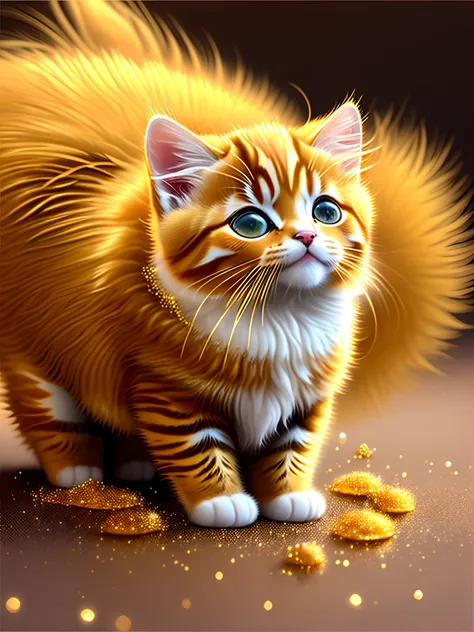 The kitten was covered in golden fur，Sparkling，It looks like its just rubbed with oil。