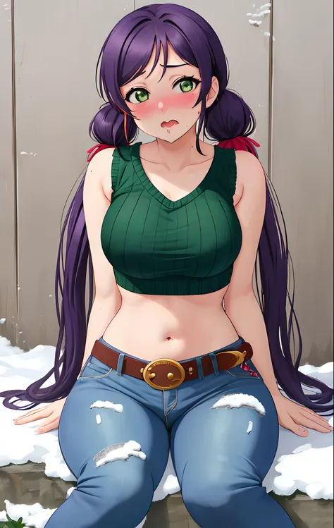 Toujo nozomi, green eyes, low twintails, sweater, sleeveless,midriff,(sexy navel),red moist navel,denim pants,belt, hips, llchar,big breasts, outdoors, arms behind,snow, (blushing:1.3), sitting,spread legs,thicc abdomen,(saliva:1.2)