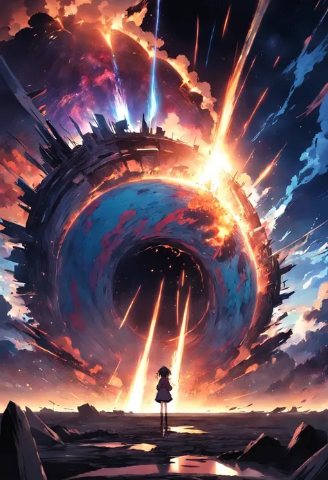 end of world, black hole, explosion, anime landscape, lost control