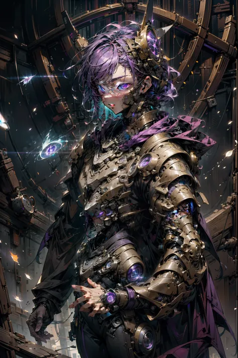 "1boy with a captivating black hoodie, sporting mesmerizing purple hair and luminous purple eyes. This masterpiece showcases the highest quality and is captured through a unique fisheye lens. The solo subject exudes an enigmatic aura while wearing a myster...