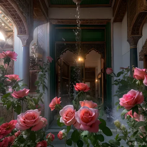 dark pink roses, Rayons du soleil, Masterpiece, Best quality, ultra highres, .RAW, ((Riad)), ((Piscine du riad)), Fountain of the riad splashes, marrakech, Bougeoirs marocains, Palmiers, Opalescent lights, (Eau de photoluminescence), Gemmes, ((bright flowe...