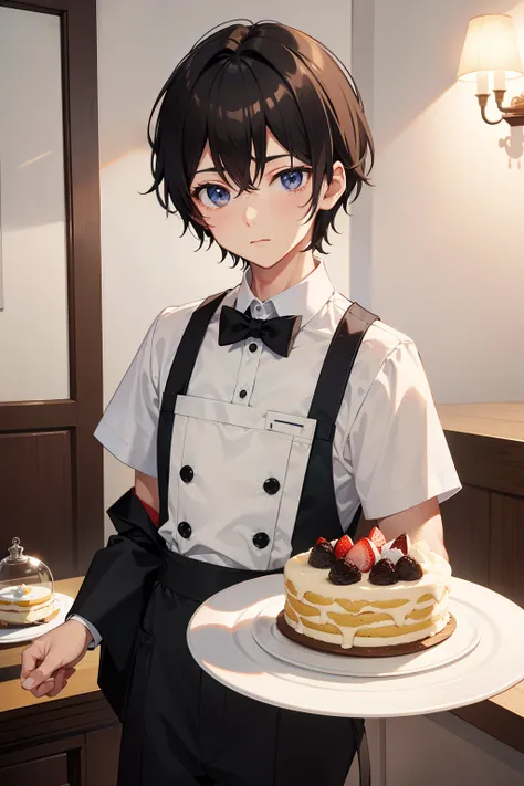 waiter　tea shop　Carry the cake　male child　jpn　short dark hair