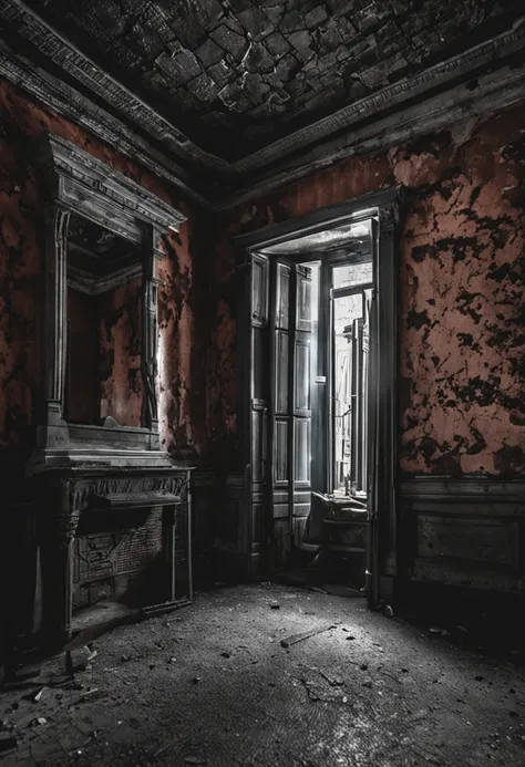 Conjure the dark and enigmatic atmosphere of a decrepit mansion, onde um espelho macabro reside no interior. O espelho, em si, its a black surface like midnight, mas quando olhado atentamente, revela imagens inquietantes de passados sombrios e futuros ince...