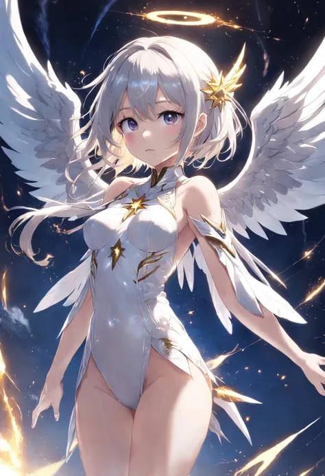 (((masutepiece))), (((Best Quality))), ((Ultra-detailed)), (Illustration), (Detailed light), ((extremely delicate and beautiful)), (Beautiful detailed eyes), (Sunlight), (Angel), Solo, Young girls, Dynamic Angle, floating, Bare_shoulders, up looking_で_view...