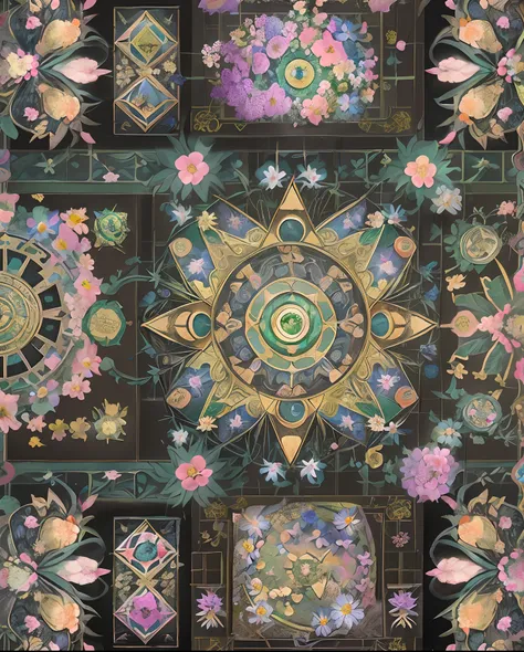 Array Special Effects Geometric and astrological central circular configuration reproduced with flowers、Symmetrical and colorful、Recreated with ancient beautiful Buddhist magic square flowers、Print real pearls、An aesthetic masterpiece of magic squares、top-...