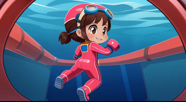 "Rear view, a 5-year-old girl floating on her back in the deep sea, brown hair, goggles, pink diving suit, diving gloves, diving shoes, 2D illustration style."