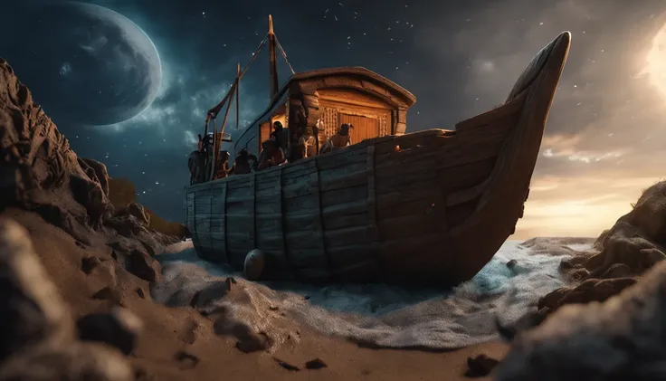 closeup on Noah next to the ark, Dark sky and many animals around the ark, ultrarrealista |