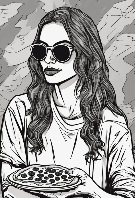 a woman in sunglasses holding a slice of pizza in her hand, proximo da boca, About to bite into a piece, recordando Mona Lisa, with sunglasses, wayfarer rayban inspirado em Leonard da vinci, !!ao ar livre, mean smirk, inspirado em Mona Moore, arte da camis...