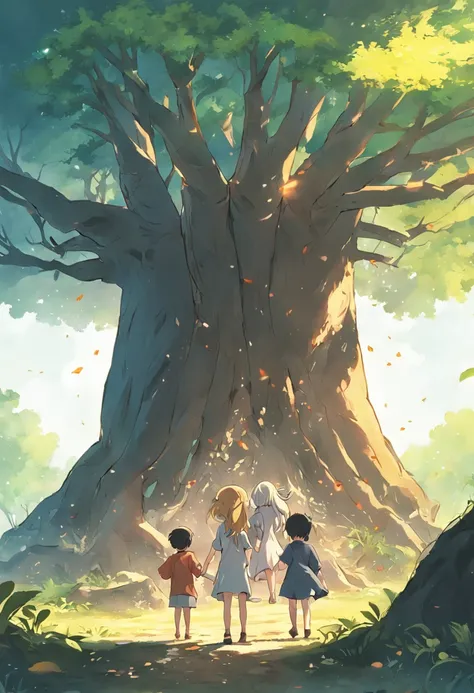 four children in front of a baobab tree, in front of the tree there is a magical recycle bin,