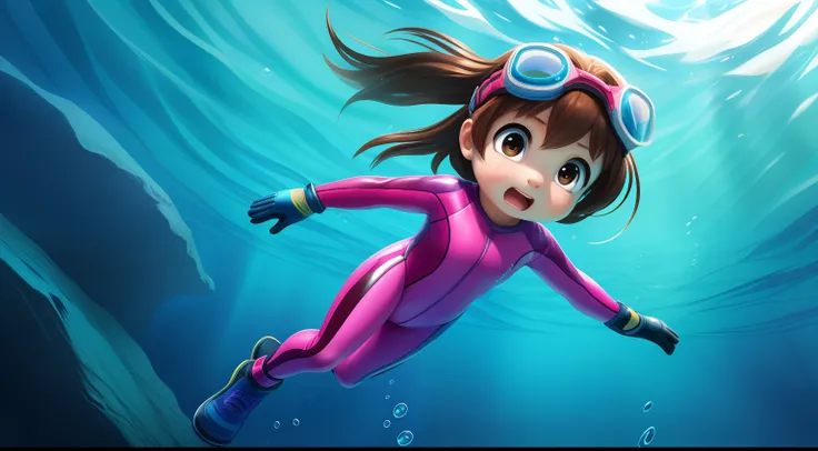 Impressive art style，Highly realistic expression，Ultra-fine detail，Dizzying colors，Unique perspective angle，Realistic underwater scenes，Soft water light effect，Real back，Energetic action，Character details in place，Cute little 5 year old girl，Reverse the de...