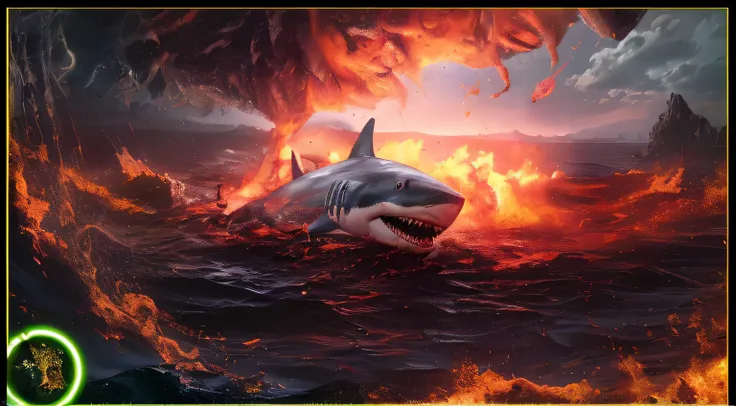 Shark in the ocean with flames coming out of it, Directed by: Ignacio Zuloaga, A shark, Directed by: John La Gatta, Megalodon, Directed by: Rudolph Belarski, Oceano de lona pegando fogo, Shark, papel de parede do pc, 4 k papel de parede hd muito detalhado,...