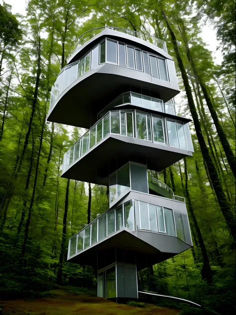 A black and white, 60s-style view of a three-story cube building in a Swiss forest, with a metal spiral staircase leading up to the top floor, surrounded by lush vegetation, illuminated by a overcast