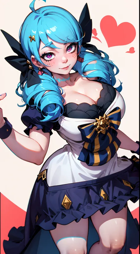 Gwen,White border on red background，Bend over，Blush stickers，Blue curly hair，dual horsetail，Huge bows on the sides of the hair，D-cups，Evil smile，Twist the crotch，ahegao，White top，showing waist，ripped short shorts，Hell Whisperer style,Love background，Fleshy...