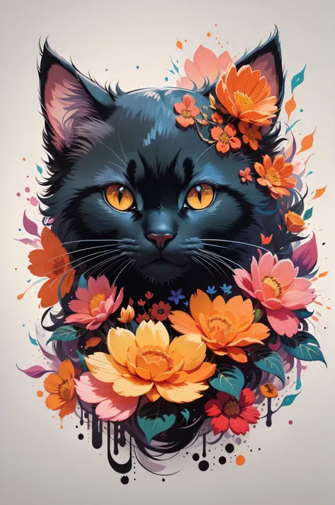 vector t-shirt art ready for colorful flowers of cute black cat, frontal perspective, action shot, vibrant color, high detail, white background, logo design, neo traditional tattoo style, 2D, planar vector, character design, fantasy art, watercolor effect,...