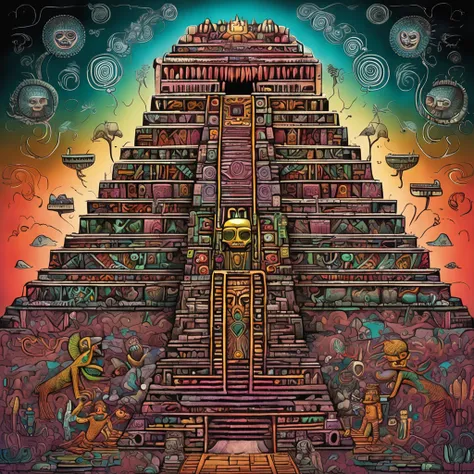 Daily Theme: Lost Land of Teotihuacan Art by Tim Burton and Paul Klee, ultra highly detailed, detailed digital painting, intricated, clarity, high quality, mask of the God Tlaloc from the lost city of Teotihuacan, high contrast, very colorfull, detailed, h...