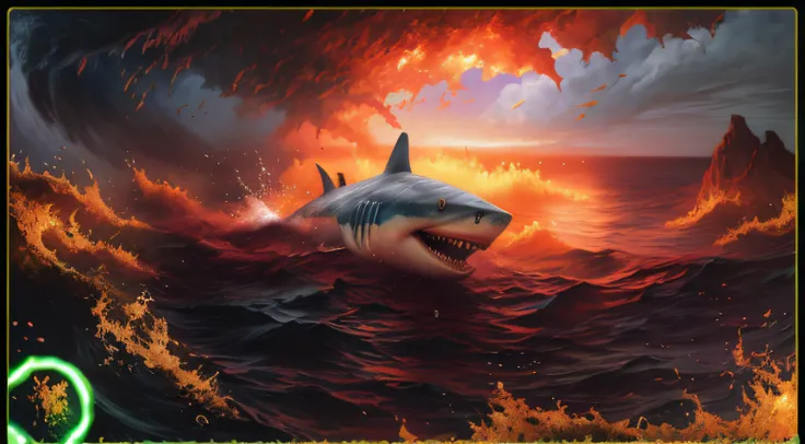 A closeup of the shark swimming in the volcanos lava, There is a shark that is in the water with a fire, arte de fundo, Splash Art Oficial, arte conceitual | RHADS, 3 d epic illustrations, Directed by: Ignacio Zuloaga, Directed by: John OGorman, Megalodon,...