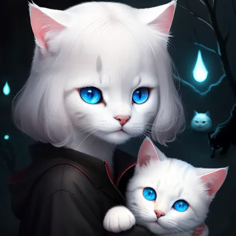 Now has a white cat，skyblue eyes，in the darkness nigth，The pupils glow with rubies，Very cute and very scary。