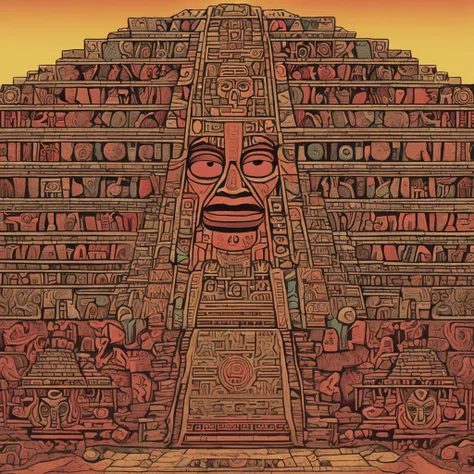 Daily Theme: Terra Perdida da Arte de Teotihuacan por Tim Burton e Paul Klee, ultra altamente detalhado, pintura digital detalhada, intrincado, Clareza, alta qualidade, mask of the God Tlaloc of the lost city of Teotihuacan, alto contraste, muito colorido,...