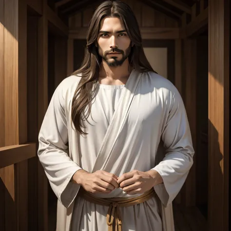 Create an image of Jesus Christ in simple costume, adult man with serene look