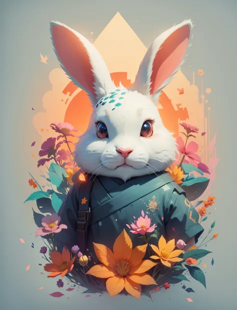 A detailed illustration face ninja bunny, fire, t-shirt design, flowers splash, t-shirt design, in the style of Studio Ghibli, pastel tetradic colors, 3D vector art, cute and quirky, fantasy art, watercolor effect, bokeh, Adobe Illustrator, hand-drawn, dig...