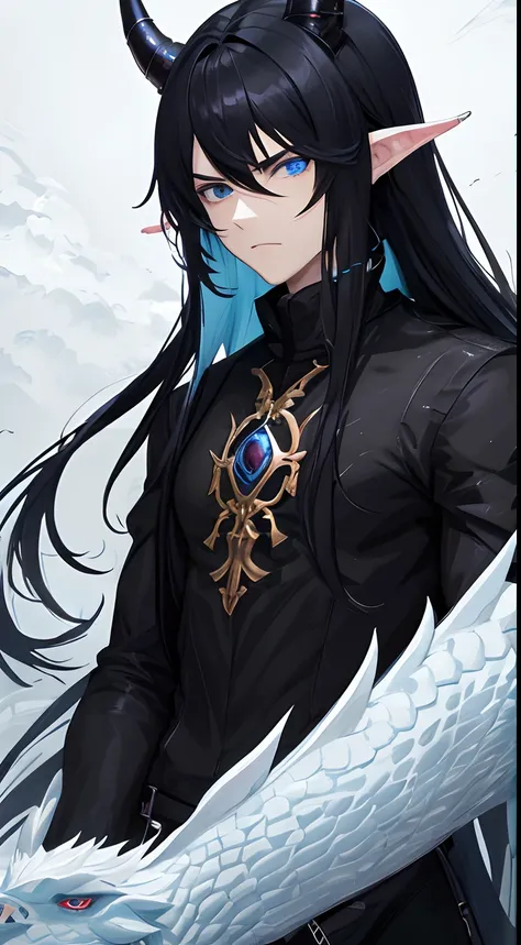 colorful,highest detailed, Male with long pure black puffy hair, light blue eyes, small dragon horns, handsome, serious eyes, wearing casual clothes, evil, serious serious face, round ears, toned muscles