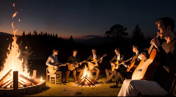 Several men playing classical guitar around a lit bonfire, paisagem noturna, ao luar