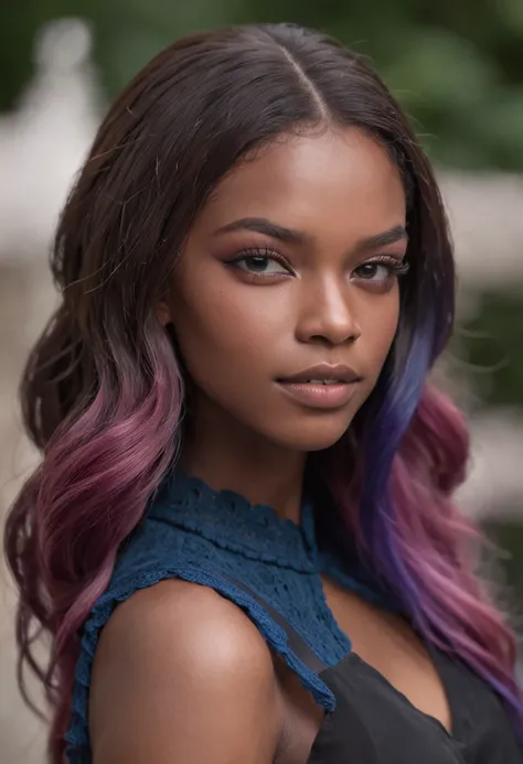 young woman, strong features, dark skin tone, shoulder length braided hair with purple blue ombre color, piercing green eyes, freckles around the nose, full lips with rosy plum tint, multiple piercings in the ear, well defined jaw, regal, stoic, strong sho...