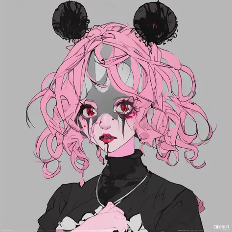 Harlequin girl, dos coletas, rosa y negro, llorando, Dispair, maquillaje payaso, lo gothic, solid circle eyes, colmillo, horror, sombra paralela, atmosphric perspective, mejor calidad, Chica anime, wistful look, rubor, cuerda al rededor de su cuello, suici...