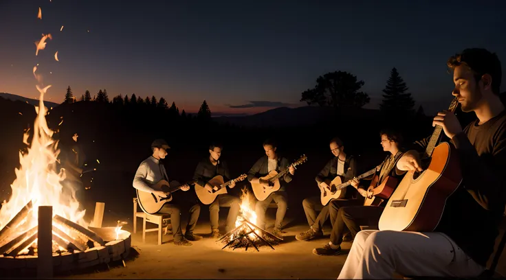 there are many people sitting around a campfire playing guitars, dancing around a fire, fire lit, scenic full shot, music, at a campfire at night, guitarists, bathed in the the glow of a fire, by Rodney Joseph Burn, talking around a fire, amazingly compose...