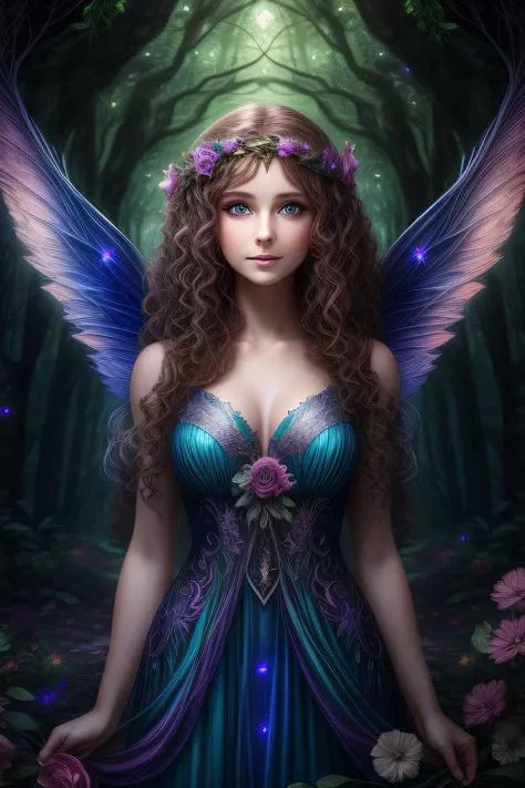 "Enchanting Fae maiden with cascading untamed curls, mesmerizing vivid eyes, magnificent glimmering wings, immersed in the magical depths of the ethereal fairy forest."