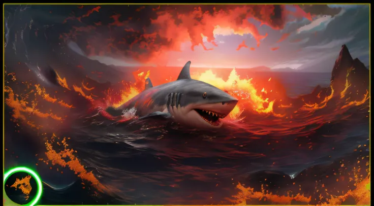 ULTRA REALISTIC White Shark, Shark ULRA REAL, Shark swimming in the lava of the erupting volcano in great detail, super real white shark, lavas on top of the shark, volcano eruption, shark swimming in super realistic ultra high quality super high lavas