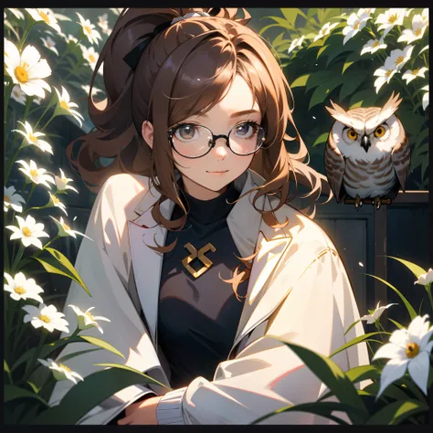 Black single ponytail，teens girl，round frame glasses，Brownish and white research coat，The hair is a bit curly，ssmile，high school senior，There is an owl，The background is in the flower shed，There are flowers，The lighting effect is enhanced，4k，Poster style