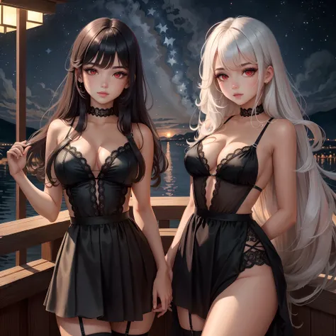 cabelos preto e longos，schoolgirls，Wearing a black evening gown，Black suspender stockings，Starry night view，Blood-red eyes