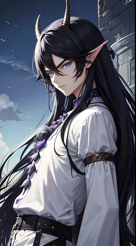 colorful,highest detailed, Male with long pure black puffy hair, light blue eyes, small dragon like horns, handsome, serious eyes, wearing casual clothes, evil, serious serious face,