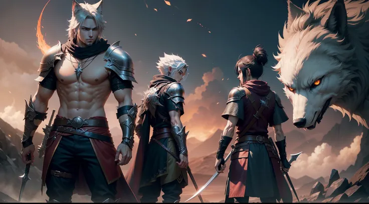 anime characters with swords and fire in front of a wolf, final fantasy fan art, rpg artwork, epic fantasy digital art style, epic fantasy art style, epic fantasy style art, epic rpg artwork, anime epic artwork, rpg art, anime in fantasy style, 2. 5 d cgi ...