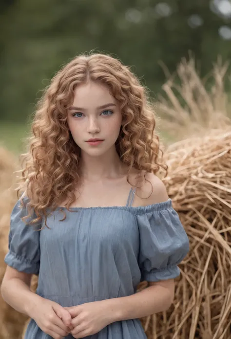 "Full body portrait of a charming 18 year old women with curly hay coloured hair, a late 80s hair style look, small freckles, beautiful face, captivating dark blue eyes, and modest bust size, showcasing her natural beauty."