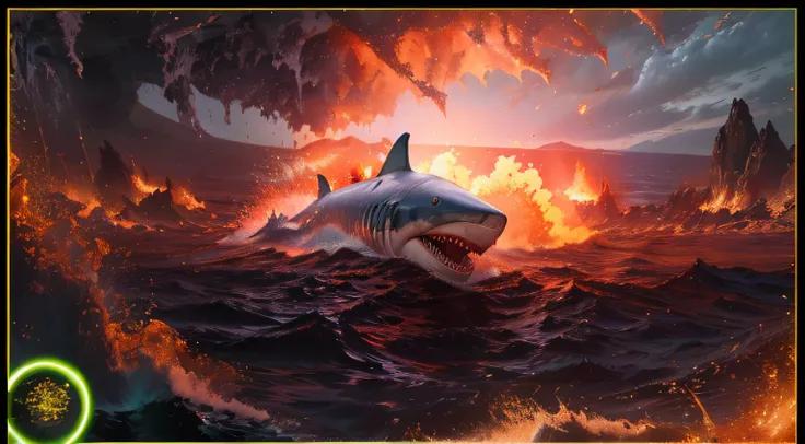 [Ultra realistic white shark, Shark ULRA REAL, Shark swimming in the lava of the erupting volcano in great detail, super real white shark, lavas on top of the shark, volcano eruption, shark swimming in super realistic ultra high quality super high lavas, R...