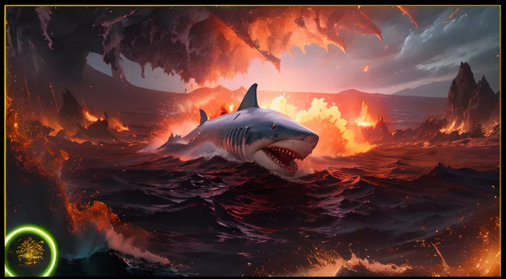 [Ultra realistic white shark, Shark ULRA REAL, Shark swimming in the lava of the erupting volcano in great detail, super real white shark, lavas on top of the shark, volcano eruption, shark swimming in super realistic ultra high quality super high lavas, R...