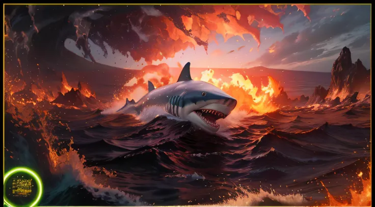 ["ULTRA REALISTIC White Shark, Shark ULRA REAL, Shark swimming in the lava of the erupting volcano in great detail, super real white shark, lavas on top of the shark, volcano eruption, shark swimming in super realistic ultra high quality super high lavas, ...