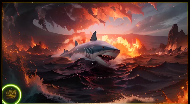 ["ULTRA REALISTIC White Shark, Shark ULRA REAL, Shark swimming in the lava of the erupting volcano in great detail, super real white shark, lavas on top of the shark, volcano eruption, shark swimming in super realistic ultra high quality super high lavas, ...