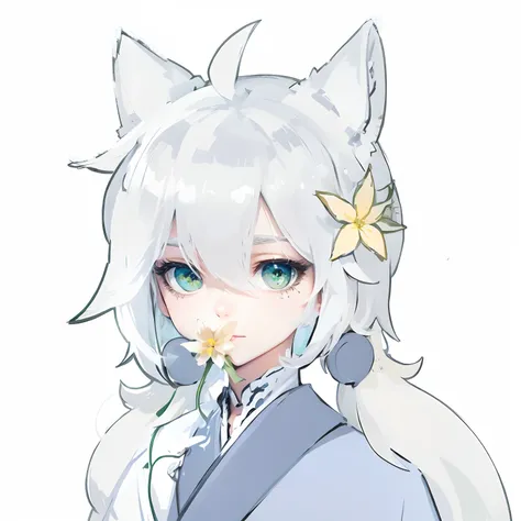 best qualtiy， tmasterpiece， White hair， green-eyed， A girl，Realistis, Floating hair, Snowy,, Detailed face, winter， Sunshine，Yellow flower headdress，dual horsetail