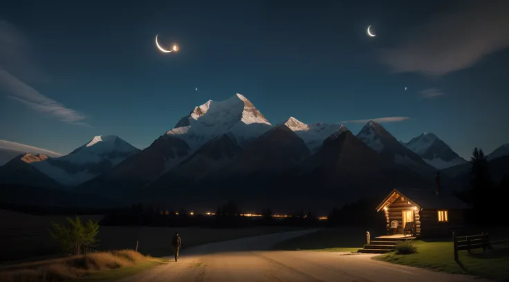 a serene nighttime setting in the countryside, where a lone figure is walking along a dirt road. The individual, with a backpack, is moving away from the camera, creating a feeling of solitude. The sky above is dark and enchanting, with a crescent moon cas...