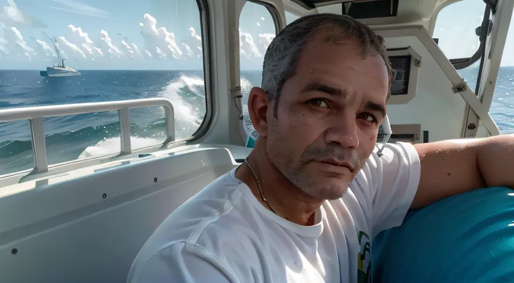 DClark; Um jovem militar da Marinha do Brasil, 17 anos, (((cabelos loiros))), olhos azuis, usando fardamento branco da Marinha do Brasil, dentro do navio que navega em alto mar