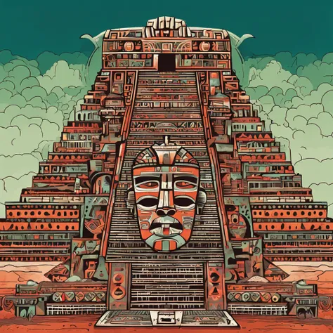 Daily Theme: Terra Perdida da Arte de Teotihuacan por Tim Burton e Paul Klee, ultra altamente detalhado, pintura digital detalhada, intrincado, Clareza, alta qualidade, mask of the God Tlaloc of the lost city of Teotihuacan, alto contraste, muito colorido,...