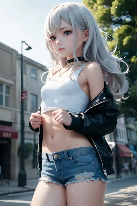 ((small chest, tomboy, small head)), (cut abs: 1.1), (Perfect Body: 1.1), (long Wavy Hair: 1.2), (long wavy hair: 1.2), silver hair, Collar, Chain, Full Body Shot, Crowded City, white Tank Top, Jeans Jacket, (Shorts), (Very Elaborate CG 8K Wallpaper), (Ver...