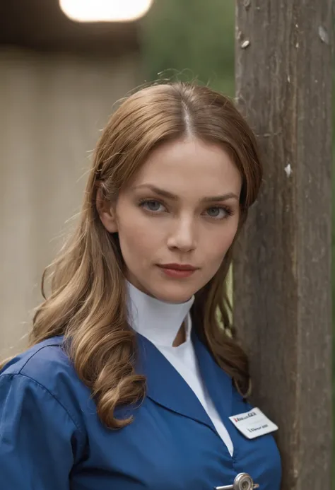 arafed woman in a blue uniform leaning against a pole, a portrait by Pamela Ascherson, flickr, symbolism, uma thurman in kill bill, nurse, nurse girl, promotional still, christina applegate, devon cady-lee, promo still, 1999, 1 9 9 9, high quality film sti...