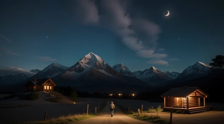 a serene nighttime setting in the countryside, where a lone figure is walking along a dirt road. The individual, with a backpack, is moving away from the camera, creating a feeling of solitude. The sky above is dark and enchanting, with a crescent moon cas...