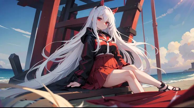 Long white hair, Red eyes, Wear pleated skirts, dressed in a black coat，Inside is a red swimmer, Plump body, An anime character, Only one person，Sitting on the beach and looking at the seaside